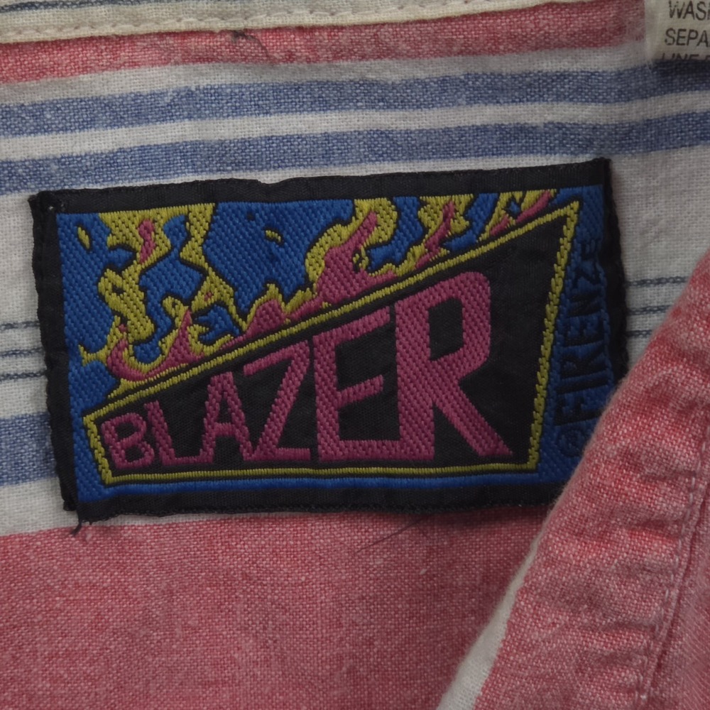 Vintage 90s Blazer Striped Short Sleeve Button Up Shirt Men 1X XL Pink Blue Rave - Picture 7 of 11